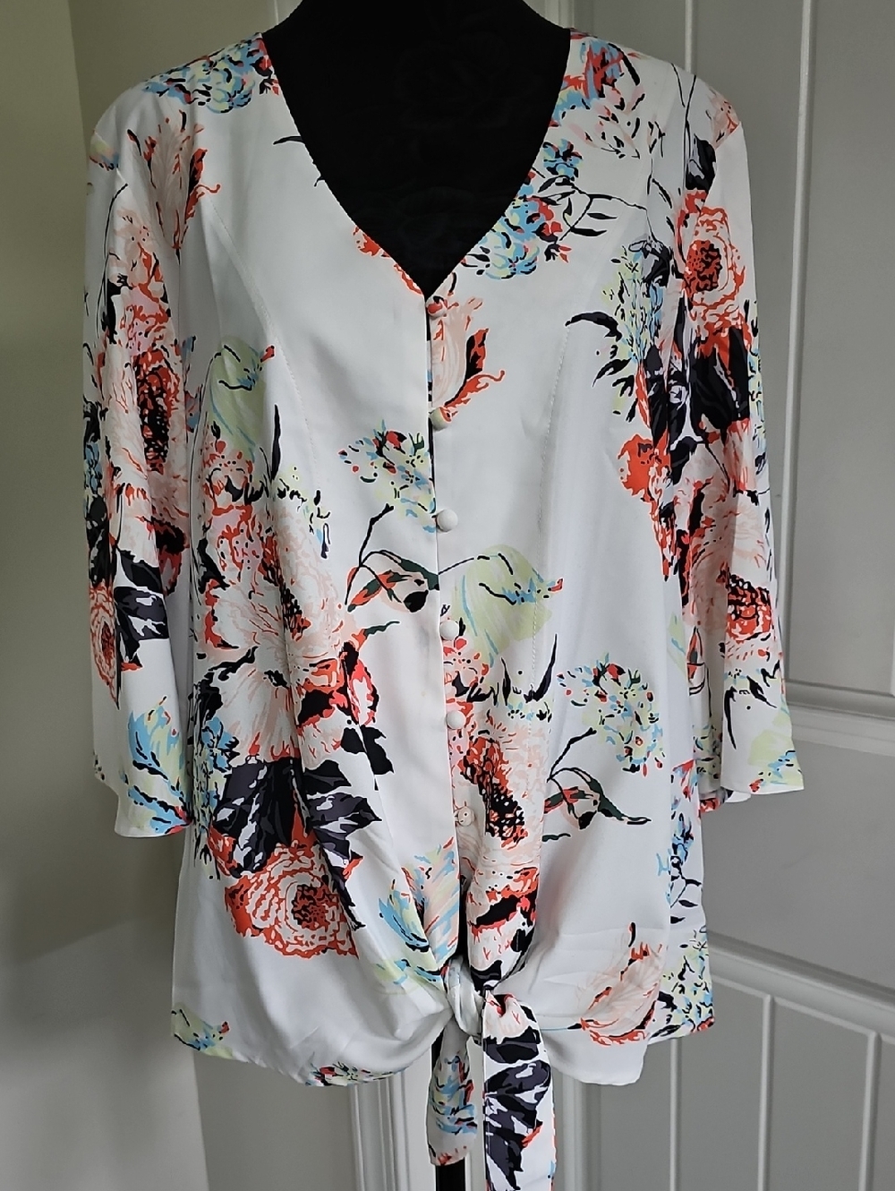 New! Tropical Tie-Front V-Neck Blouse - Cream Base with Coral & Black, Medium
